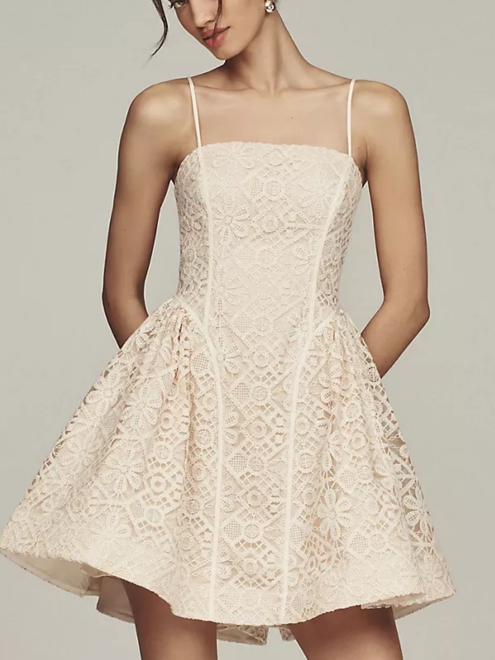 Anthropologie Lace Square-Neck Basque Waist Mini Dress in Light Beige size 8 NWT